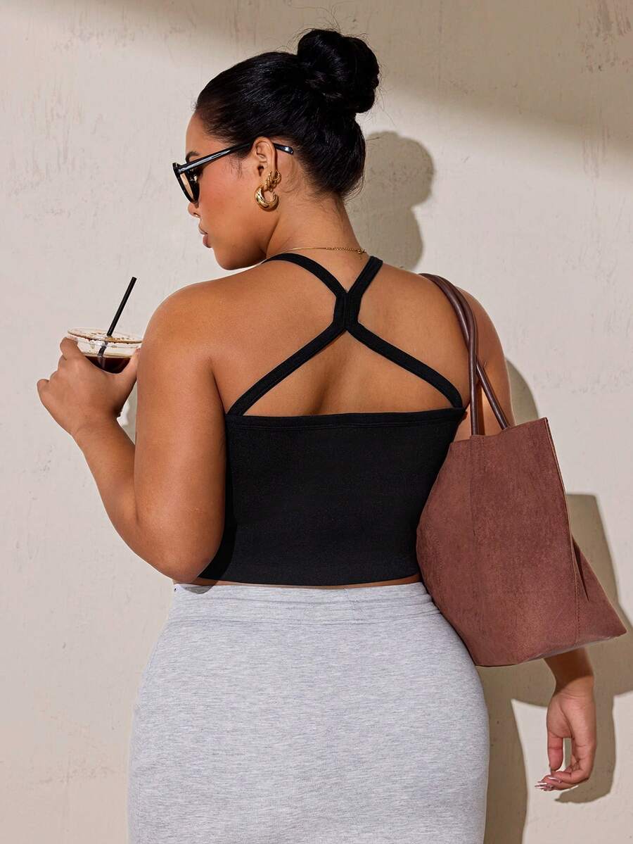 SHEIN Sports Plus Size Women's Solid Color Everyday Fitness Tank Top Sports Bra - Black - View 1