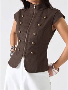 LYSMO 2026 Nueva chaqueta vintage minimalista de cuello alto para primavera/verano, adecuada para ir al trabajo - Marrón - Ver 4