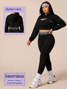 SHEIN Velisys Women's Plus Size Drawstring Hooded Cropped Sweatshirt And Letter Waistband Leggings Sports Set Fall - Black - View 1