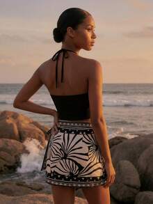CAJUNI Women's Solid Color Halter Top And Floral Print Mini Skirt Casual Daily Outfit Set - Black - View 2