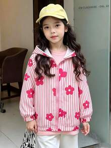 SHEIN Elladie kids 女童條紋花卉印花連帽休閒日常長袖外套 - 粉色 - 查看 3