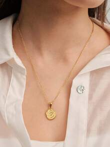 Vandermere 1pc 18K Gold Plated Stainless Steel Rose Flower Pendant Necklace, Vintage Elegant Round Snake Chain, Long-Lasting Color, Hypoallergeni - Golden - View 4