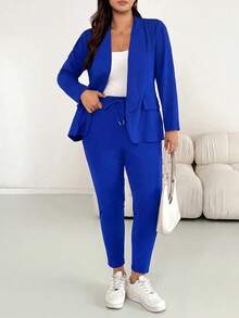 Shapeblank Plus Size Casual Commute Solid Color Jacket & Pants 2 Pieces Set Fall - Royal Blue - View 7
