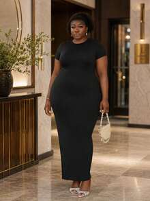 CurvyTilda Plus Size Women's Black Simple Slim Long Dress,Casual Everyday High Elastic Bodycon Autumn Fashion Basic Versatile Fall Church Clothes Elegant Summer - Black - View 5