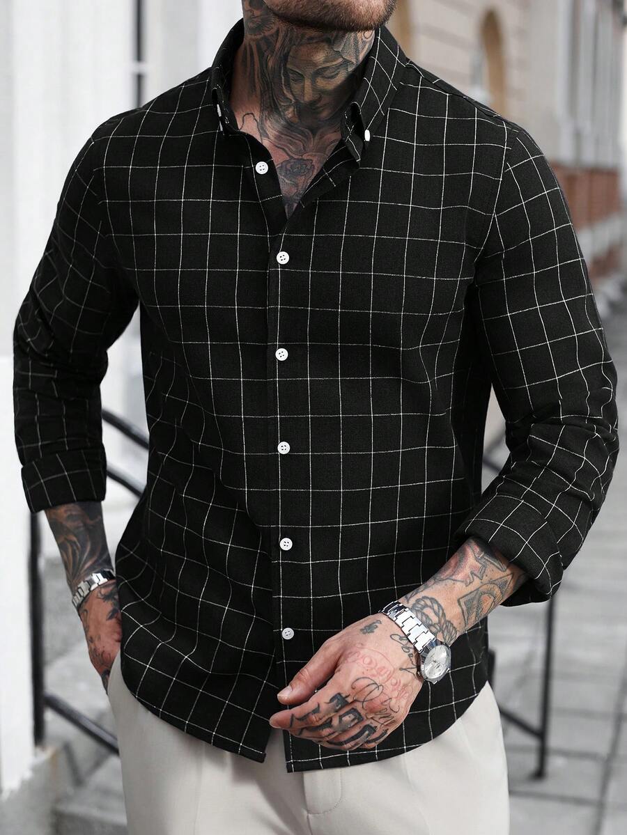 Manfinity Homme 男士藍色格紋商務長袖襯衫 - 黑色 - 查看 1