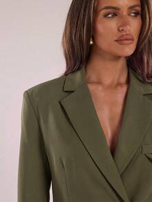 SHEIN BAE Women's Solid Color Button Long Sleeve Blazer And Loose Casual Suit Pants Set - Army Green - View 7