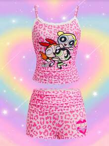 THE POWERPUFF GIRLS X SHEIN 女款蕾絲拼接卡通印花細肩帶上衣與短褲睡衣套裝 - 粉色 - 查看 3