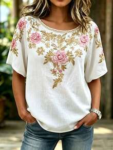 SHEIN New Women's Floral-Print Linen Short-Sleeve Blouse, Vacation, Casual Everyday Top, Patterned Blouse, White - White - View 3