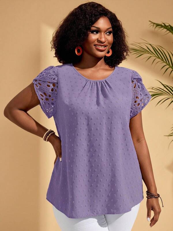BrightlyHer Plus Size Women Round Neck Short Sleeve Casual Blouse Summer Tropical Vacation Modest Top For Beach