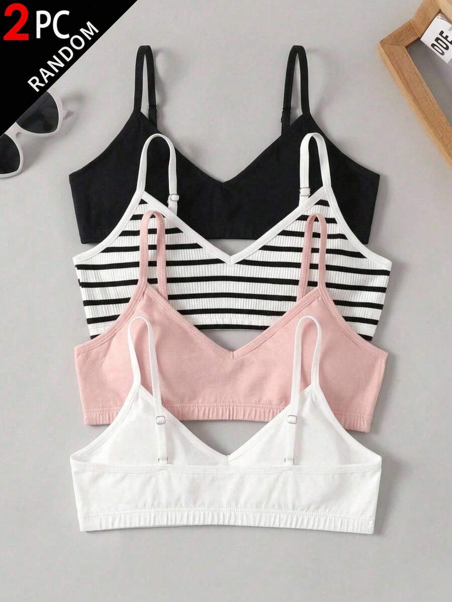 SHEIN 青少年女孩兒童款簡約舒適純色條紋V領加墊背心內衣露背內褲3件組,四季適用 - 彩色 - 查看 1