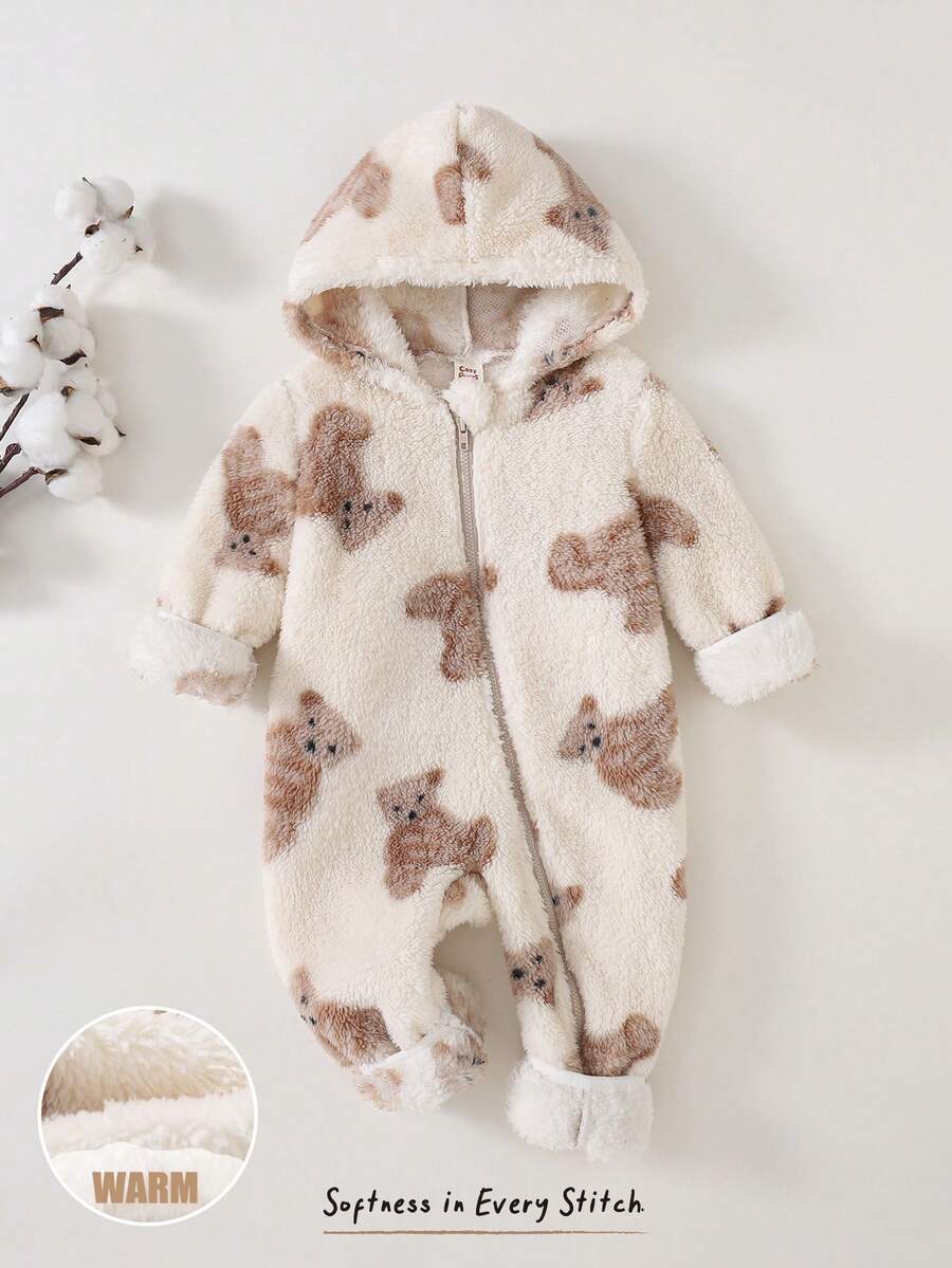 Cozy Pixies 女嬰卡通動物圖案抓絨內裡加厚連帽拉鍊長袖連身衣,適合冬季 - 杏色 - 查看 1