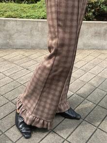 FRIFUL Women's Plaid Elastic Waist Commuter Flare Leg Pants Fall - Brown - View 2