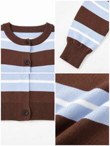 SHEIN PariChic Autumn/Winter Casual Color Block Striped Cardigan - Coffee Brown - View 3