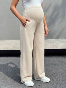 SHEIN Maternity High Waist Long Pants Fall - Khaki - View 4