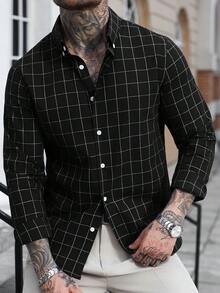 Manfinity Homme 男士藍色格紋商務長袖襯衫 - 黑色 - 查看 7