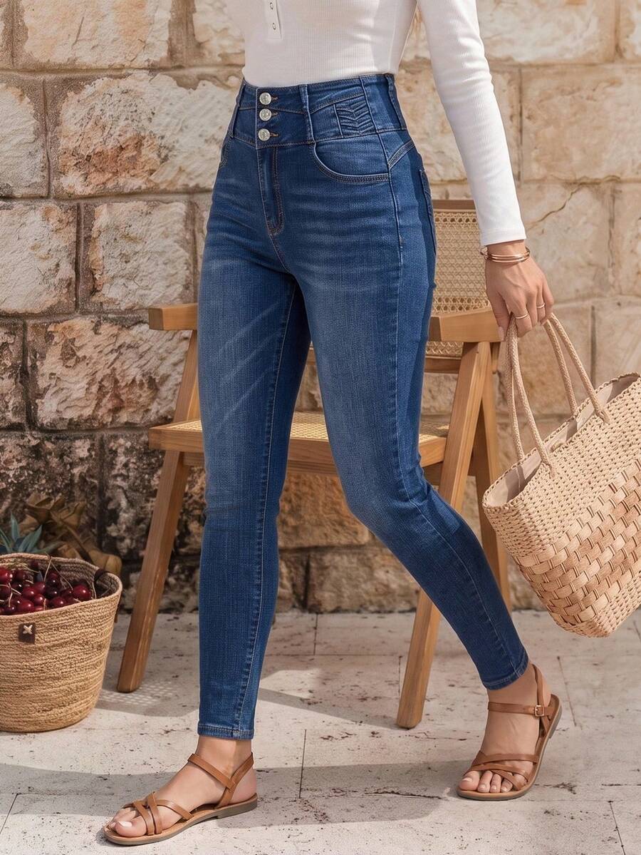 EMERY ROSE High Waist Button Fly Skinny Jeans - Dark Wash - View 1