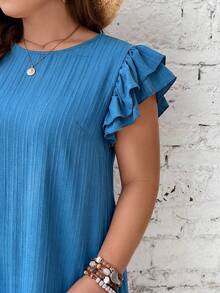 SHEIN Frenchy Plus Size Solid Color Ruffle Hem Round Neck Casual Short Sleeve Dress - Blue - View 6