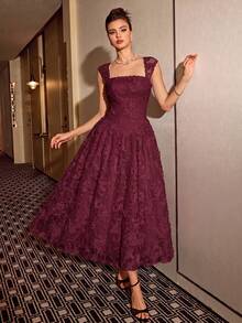Poshira Women's Jacquard Elegant Waist-Cinching Ball Gown Dress - Burgundy - View 6
