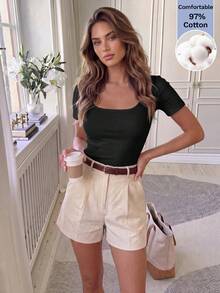 Easowa Women's Solid Color Ruched Slim Fit Versatile Minimalist Simple Casual Short Sleeve T-Shirt Everyday Daytime Black Summer Night Office - Black - View 6