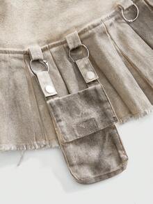 ROMWE Rok Denim Lipit Model A-Line Gaya Grunge Y2K Musim Panas - Khaki - View 13