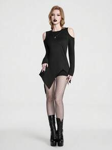Breakform Blakeform Atasan Panjang Wanita Gaya Gothic Leher Bulat Pas Badan Warna Hitam, Bahan Rajut, Hem Asimetris, Model Bahu Terbuka, Kaos Panjang untuk Klub Malam - Hitam - View 4