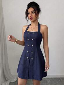 Flora Isola Flora Isola Summer Standard Size Navy Blue Halter Neck Woven Strap Frog Button A-Line Fashion Commute Going Out Vacation Short Dress Elegant Preppy - Navy Blue - View 7
