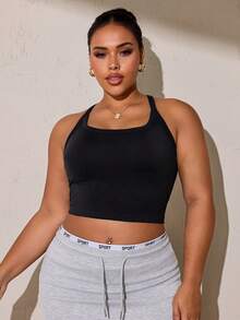 SHEIN Sports Plus Size Women's Solid Color Everyday Fitness Tank Top Sports Bra - Black - View 3