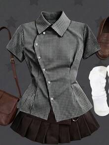 Sunspun Plus Size Spring/Summer Asymmetrical Collar Short Sleeve Plaid Shirt - Multicolor - View 3