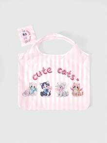 ROMWE Goth Cute Cat Pink And White Striped Bow Shoulder Bag Handbag Portable Shopping Bag - Pink White - View 4