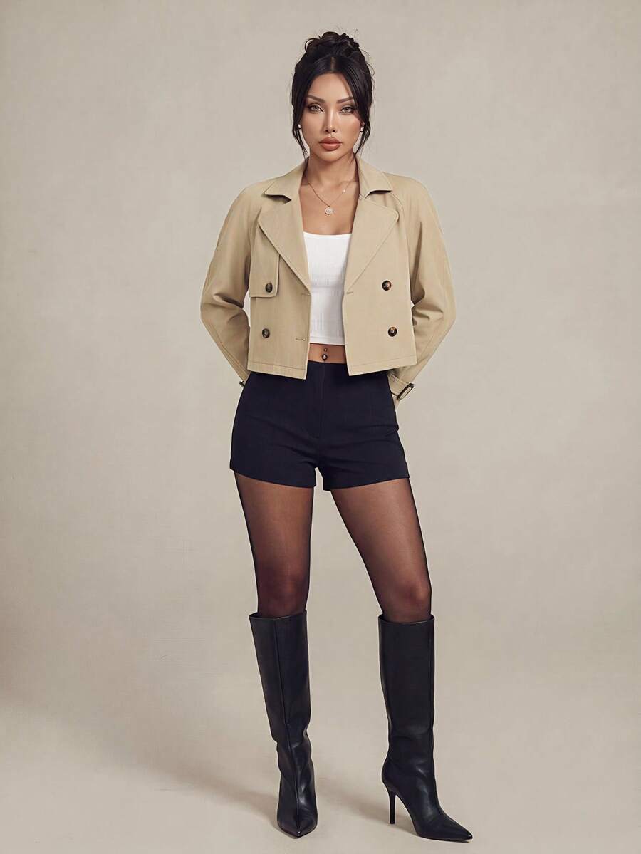 SHEIN PETITE 女款卡其色純色雙排扣短版夾克外套 秋季/教師節 辦公商務 經典優雅休閒 - 杏色 - 查看 1