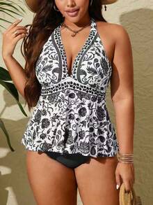 Swim Lushoire Set de 2 piezas Tankini de verano de tallas grandes con estampado de colocación multicolor, tirantes finos y espalda descubierta - Blanco y Negro - Ver 5