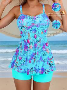SHEIN Swim 2件組女款素色與印花背心上衣比基尼泳衣，夏季海灘度假穿搭 - 彩色 - 查看 5