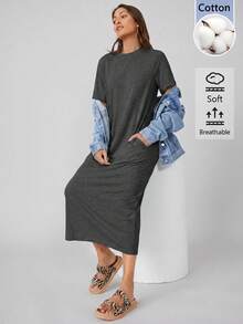 SHEIN BASICS Robe longue d'été décontractée de couleur unie pour femmes, pour un usage quotidien, en gris foncé, pour les vacances, les voyages et la maison - Gris - Voir 5