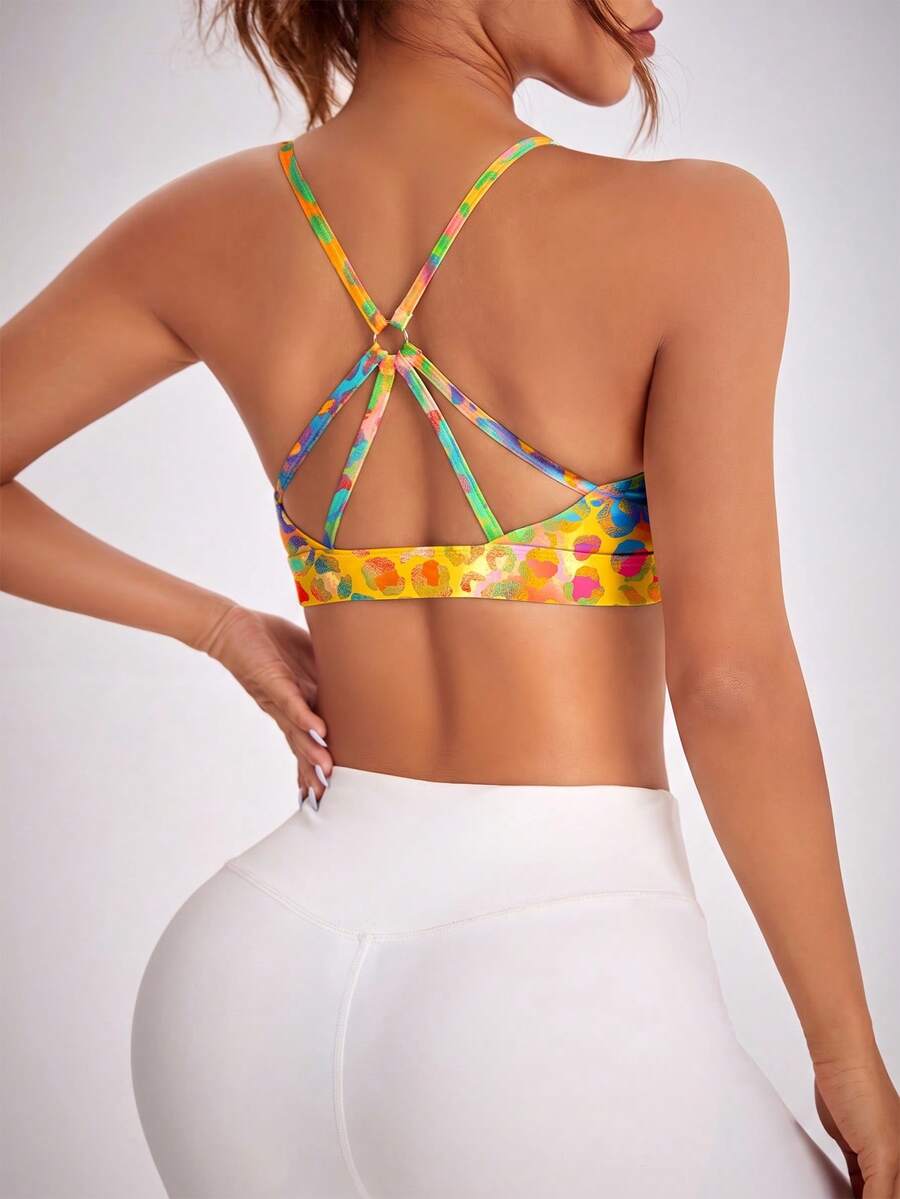 SHEIN Sovereign Charm 女款彩色豹紋露背設計運動內衣 - 彩色 - 查看 1