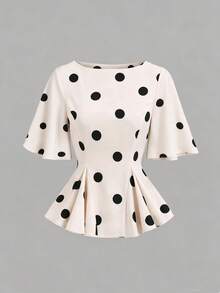 Selianne Summer French Vintage Apricot Large Polka Dot Round Neck Flare Short Sleeve Blouse, Cinched Waist Pleated Ruffle Hem Slimming Tummy-Covering Short Versatile Shirt Top - Apricot - View 4