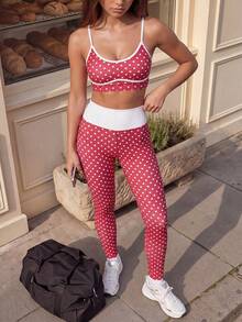 Eassivo Eassivo Women's Polka Dot Colorblock Camisole Top And High Waist Leggings Sports Set - Red - View 6