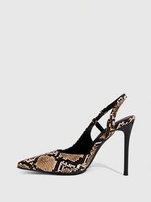 CUCCOO SZL Frühling und Herbst brauner Farbton Schlangenmuster spitz zulaufende Zehen dünne Absätze Knopf Slingback Schuhe Retro Spice Girl Stil Dating Einkaufen Abendessen Party - Khaki - Übersicht 4