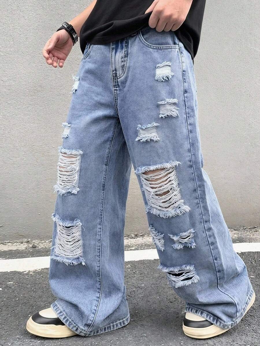 SHEIN 青少年男孩时尚返校街头风混搭百搭设计 Y2K 复古酷炫街头镂空破洞磨边浅蓝色牛仔宽松简约舒适牛仔裤,适合日常穿着以及春夏锐舞节和街头服饰。 - 藍色 - 查看 1