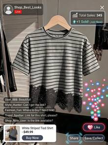 SHEIN 1件青少年女孩休閒時尚度假風圓領條紋蕾絲不對稱下擺短袖T恤上衣，適合日常通勤、購物、度假與旅行 - 黑色 - 查看 2