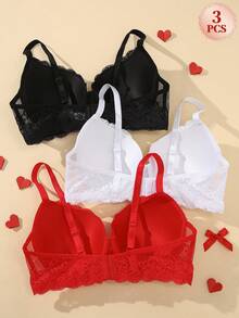 Snug Zone Plus Size Underwire Sexy Lace Comfortable Bra 3pcs Set Black White Red - Multicolor - View 2
