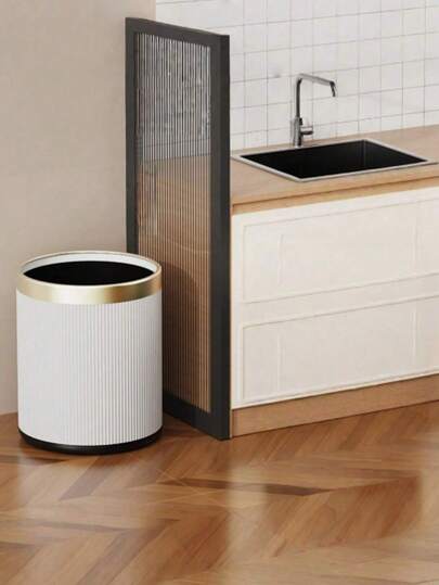 1 Fashionable Round Trash Can, Golden Edge, Durable Plastic Material, Fashionable Storage Essentials Home Trash Can, Modern Minimalist Design, Sturdy Plastic Bucket
