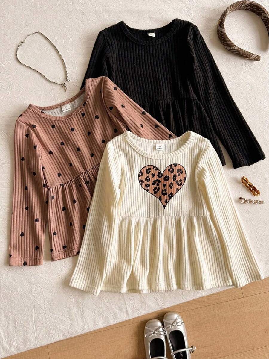 3pcs/Set Cute Cat Embroidery + Black Crew Neck Long Sleeve T-Shirts For Girls Autumn - Multicolor - View 1