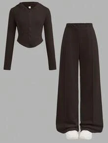 SHEIN 青少年女孩 2件組純色棕色抽繩連帽上衣與寬腿長褲套裝，休閒風格，適合春季/秋季日常穿著 - 棕色 - 查看 2