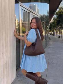 SHEIN CURVE+ Plus Size Women's Ruffled Puff Sleeve V-Neck Dress Elegant Summer - Blue - View 7