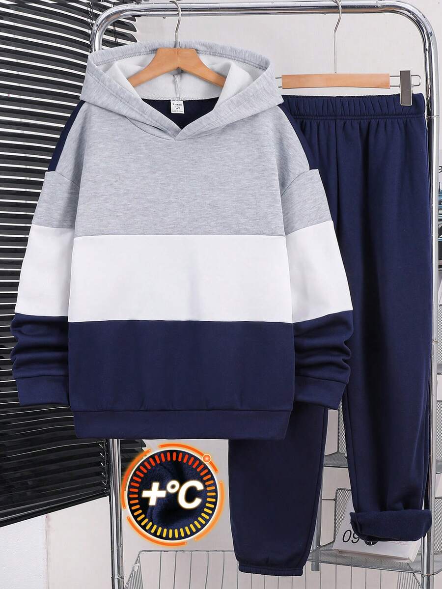 SHEIN Teen Boy 2pcs Teen Boy Casual Color-Blocked Hoodie And Sweatpants Set - Multicolor - View 1