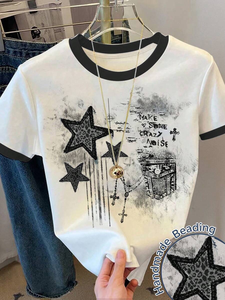 少女休闲简约五角星印花图案T恤,朋克风修身圆领短袖露脐常规款T恤,适合夏季穿着,图案星星T恤,女士图案T恤,豹纹星星衬衫,可爱少女星星衬衫 - 彩色 - 查看 1