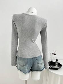 Elamini Autumn/Winter Women's 2 In 1 V-Neck Contrast Color Striped Fitted Lace-Up T-Shirt - Grey - View 2