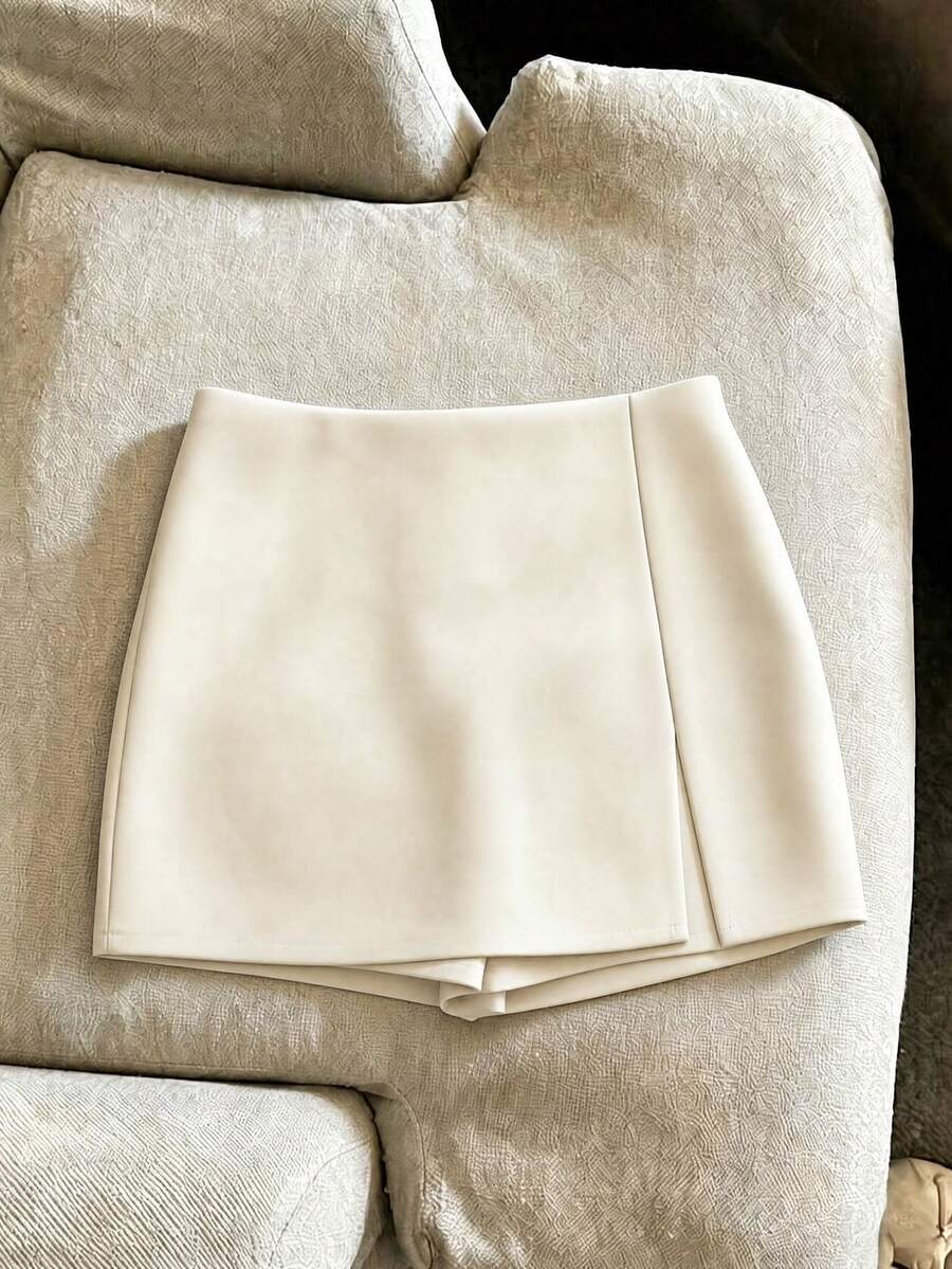 SHEIN Franclia 時尚休閒辦公通勤百搭丹寧效果印花紋理軟面料高腰開衩女款短褲/裙/寬腿褲/熱褲 - 杏色 - 查看 1