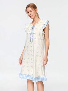 Bonmuse Piyama Kelinci Kartun Lucu Motif Acak untuk Wanita, Model Baru Ramah Kulit, Tanpa Lengan, Ikat Depan, Gaun Tidur Santai - Putih - View 1