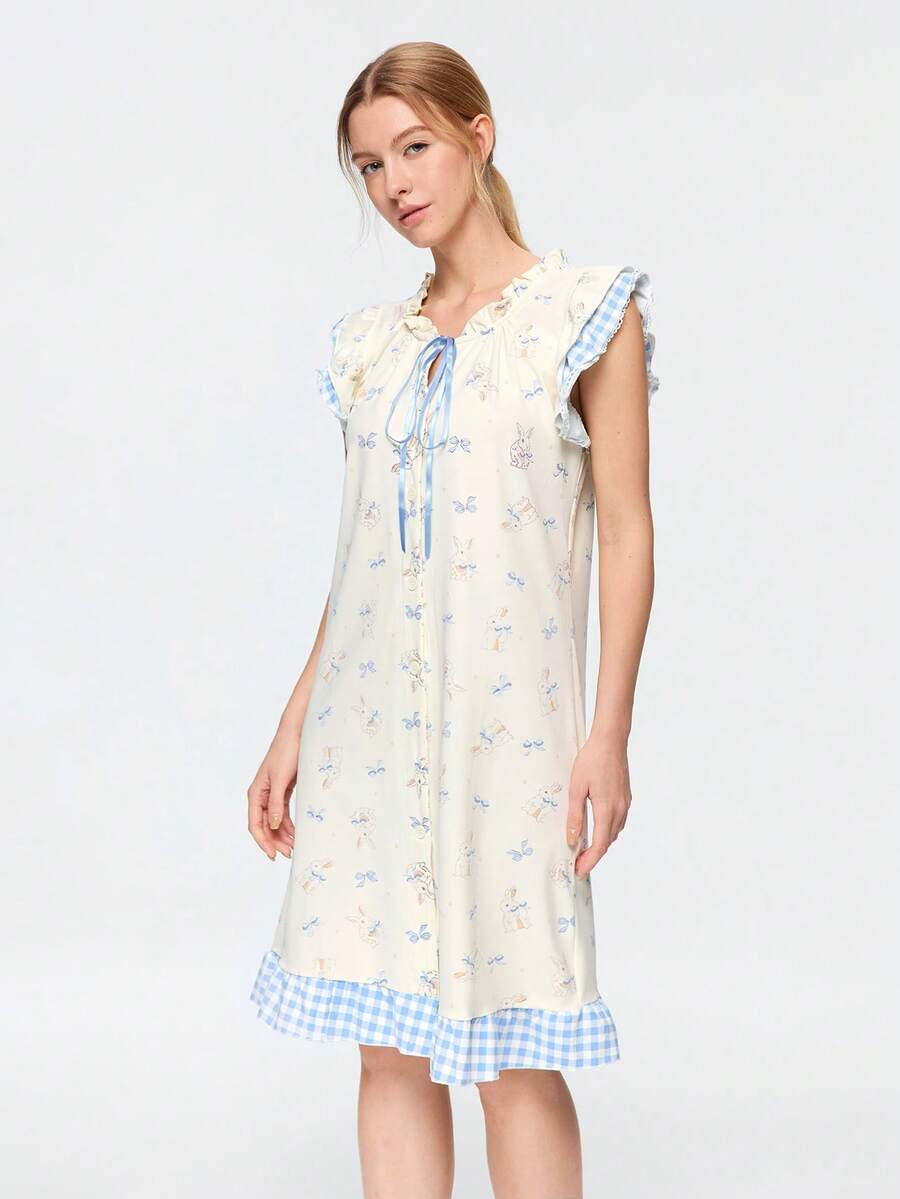 Bonmuse Piyama Kelinci Kartun Lucu Motif Acak untuk Wanita, Model Baru Ramah Kulit, Tanpa Lengan, Ikat Depan, Gaun Tidur Santai - Putih - View 1